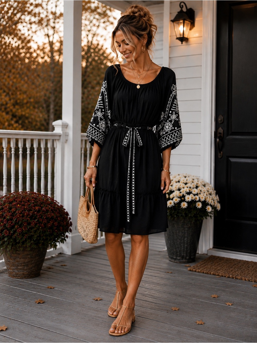 Cato Black Midi Dress with White Embroidered Sleeves -Tie Waist / Small